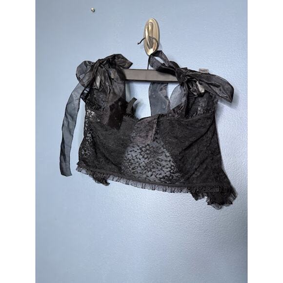 Lace Up Front Corset (Missing String) Bow Tie Shoulder Sheer Feminine Whimsygoth - Picture 2 of 6